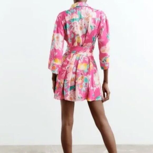 ZARA Pink Floral Printed Satin/Sarin Effect Floral Kimono Dress NWT - XS - Picture 2 of 7